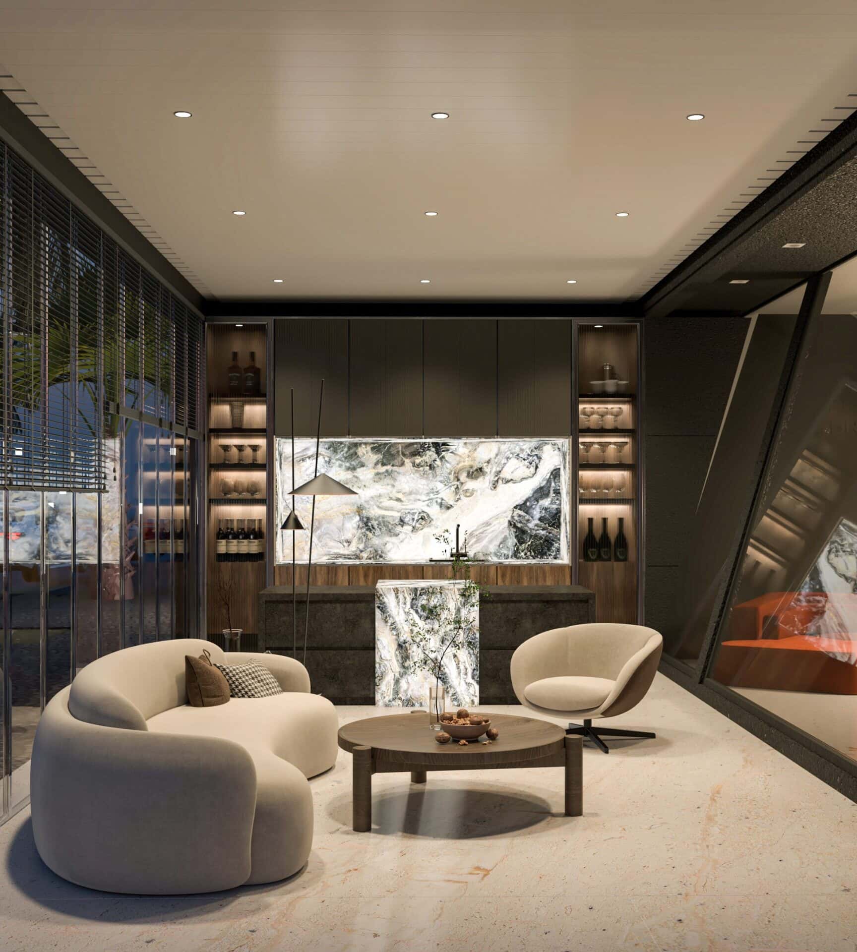 a room with a round table and chairs