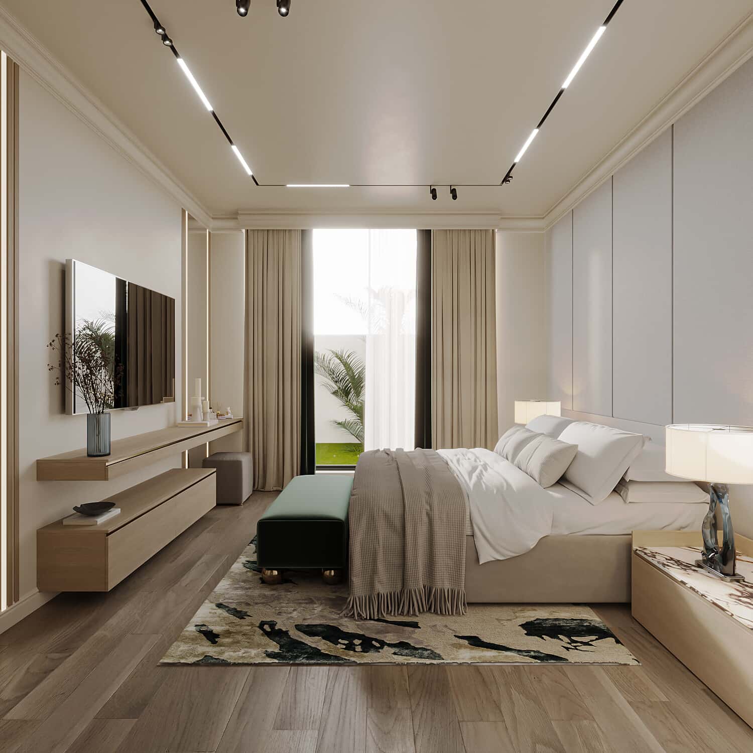 a bedroom with a bed and a mirror