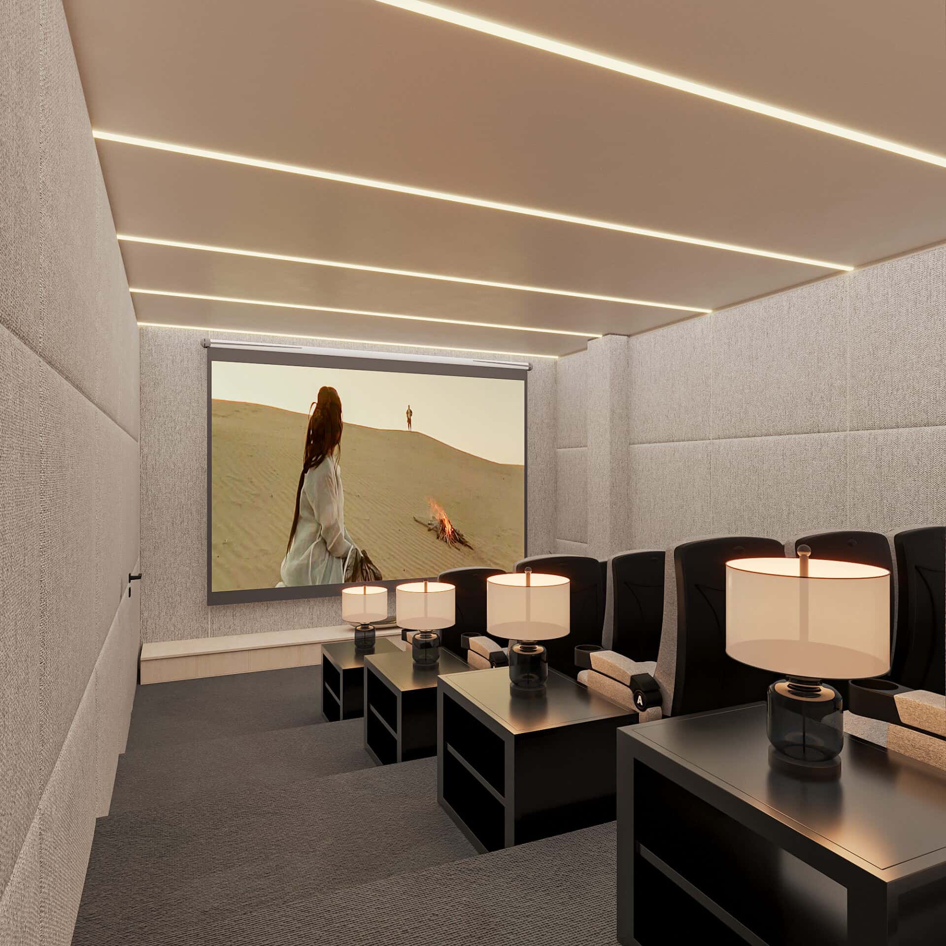 a room with a screen and chairs