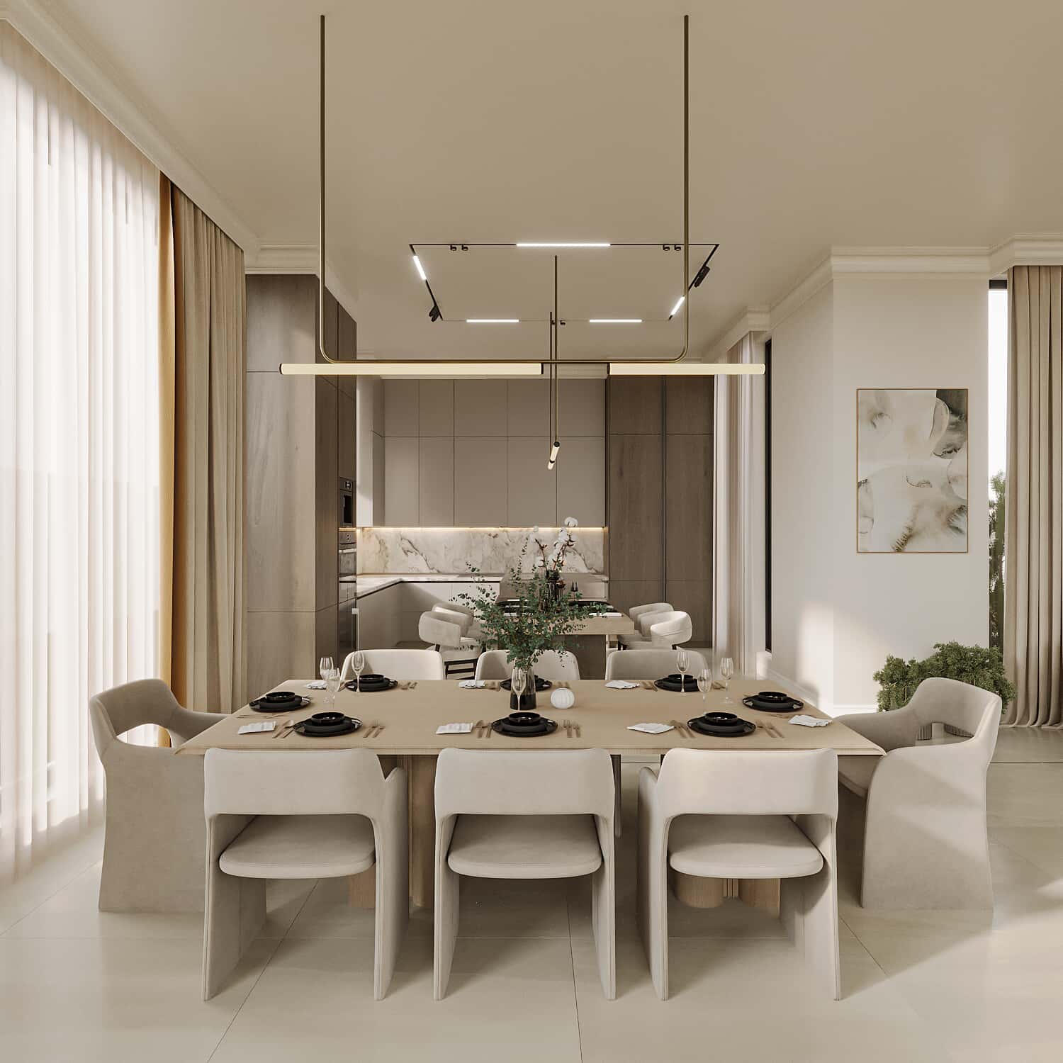 a dining room with a table and chairs