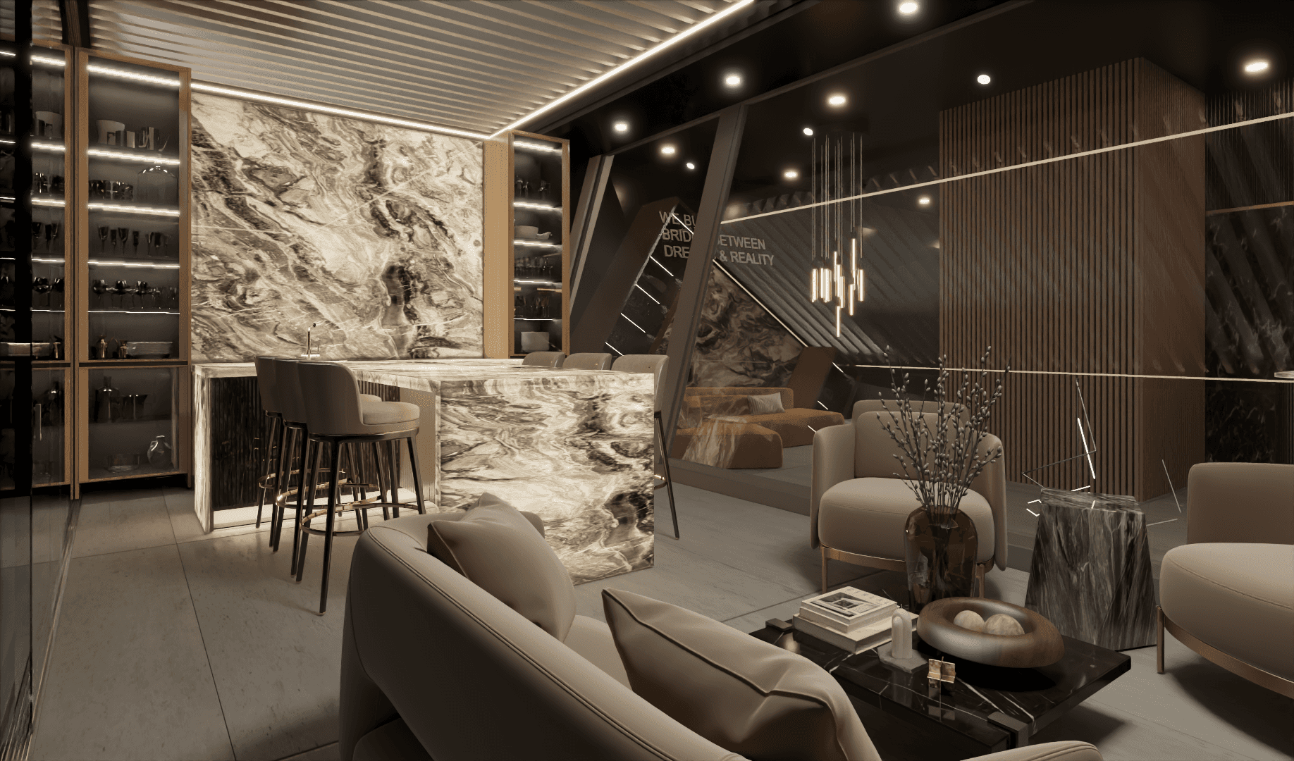 a room with a marble counter and a marble bar