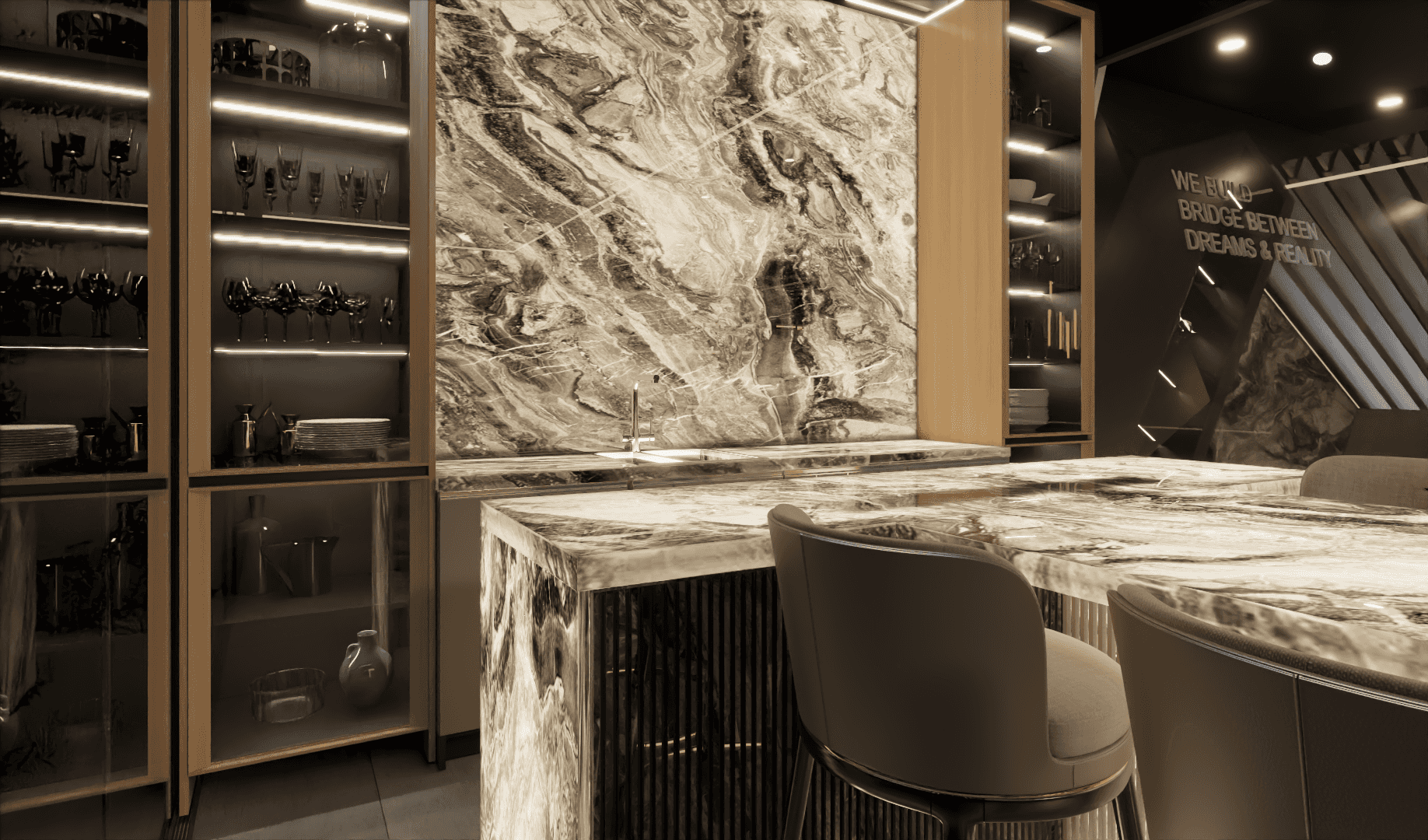 a marble countertop with chairs in a room