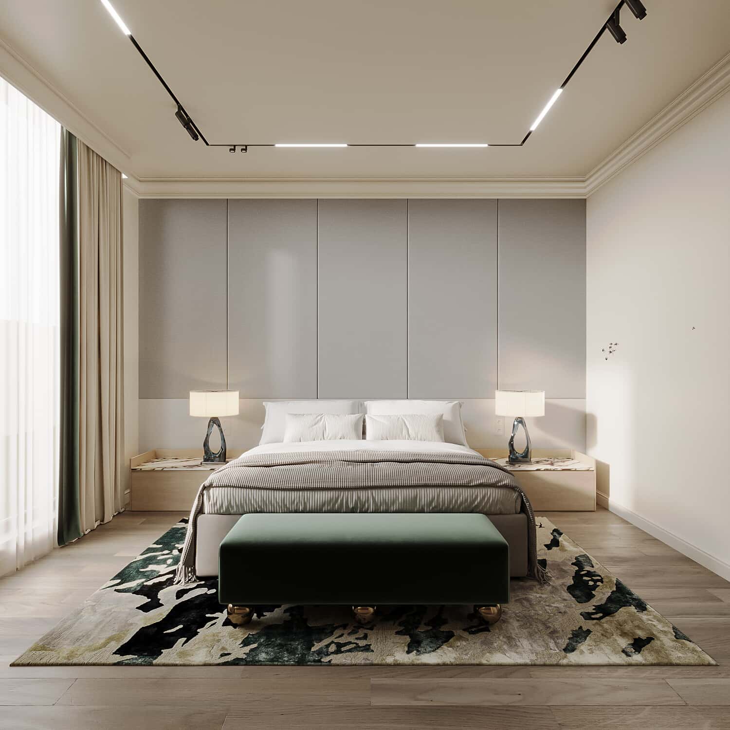 a bedroom with a bed and a green ottoman