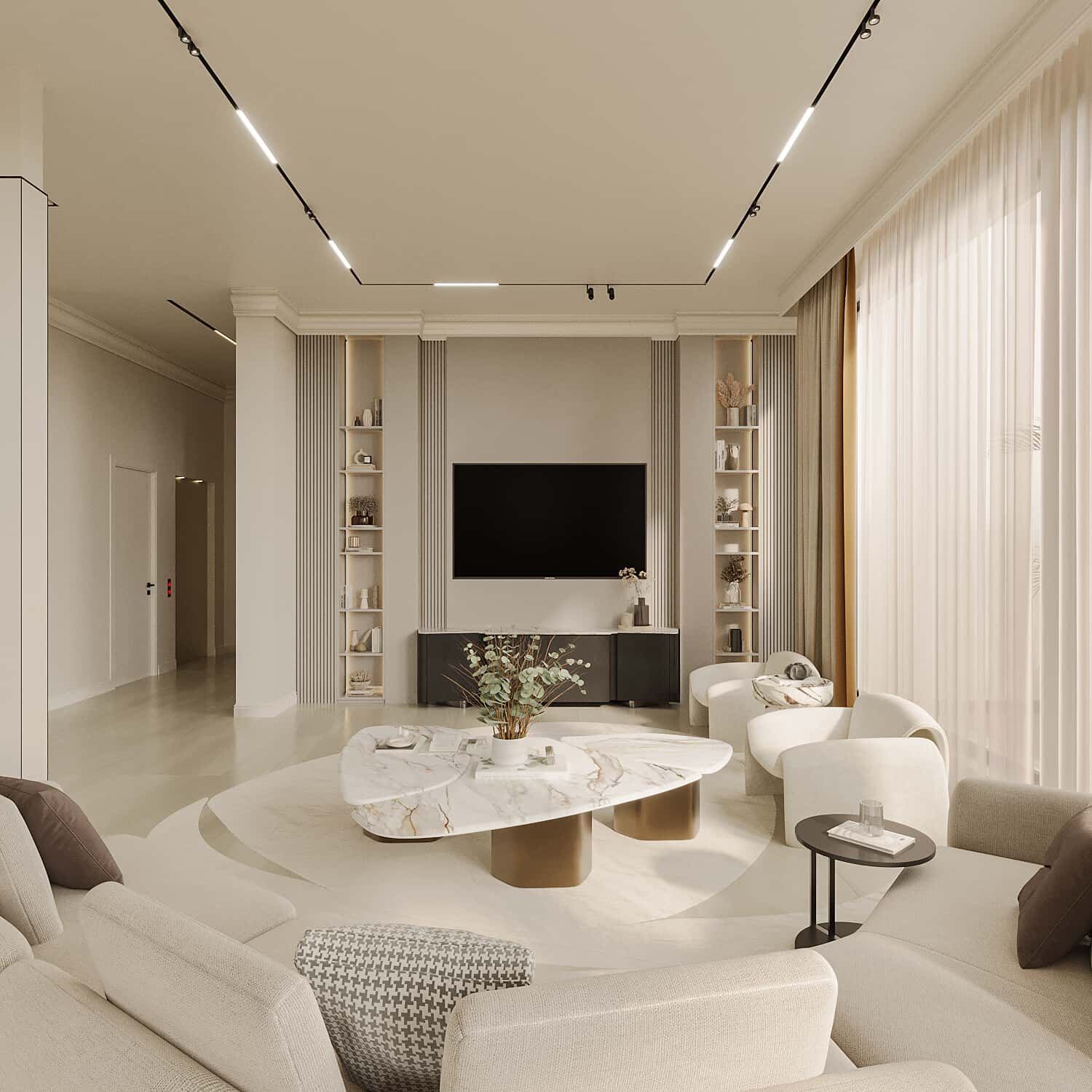 a bedroom with a bed and a mirror