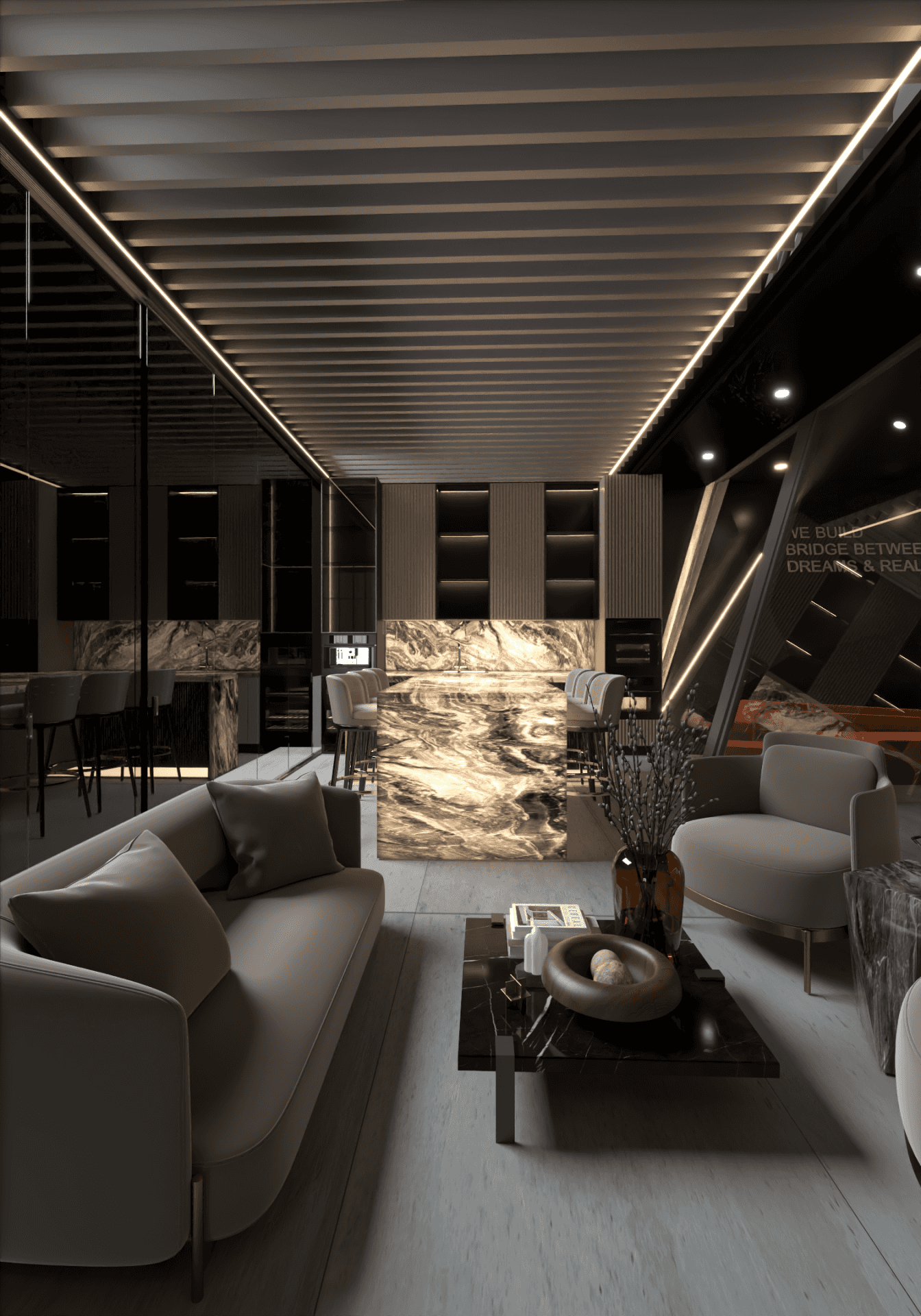 a room with a marble counter and a couch