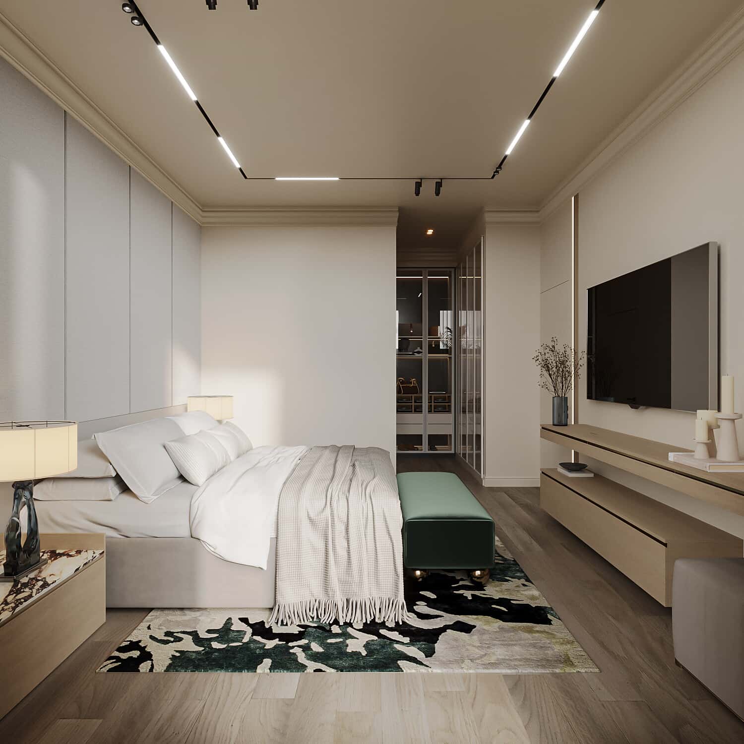 a bedroom with a tv and a bed