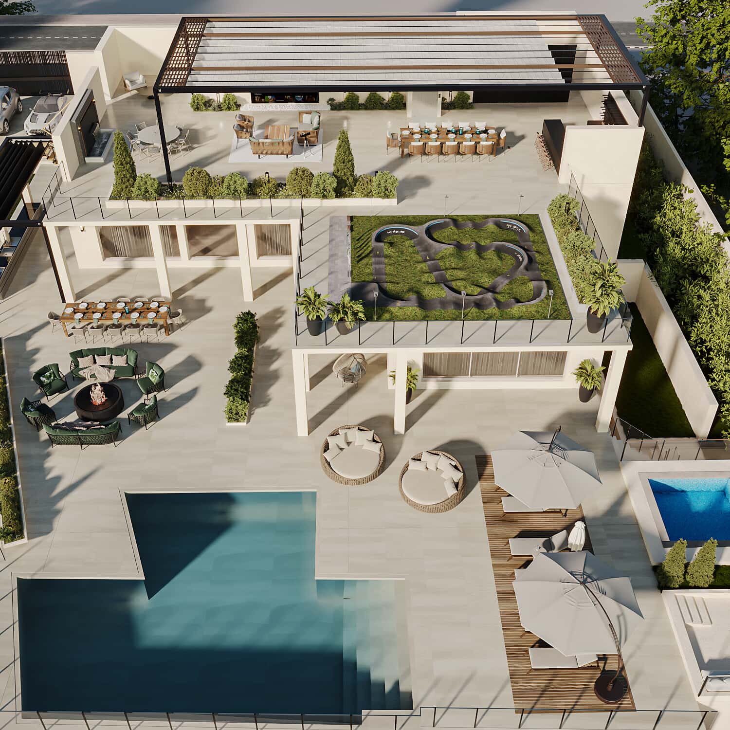 a house with a pool and a lawn