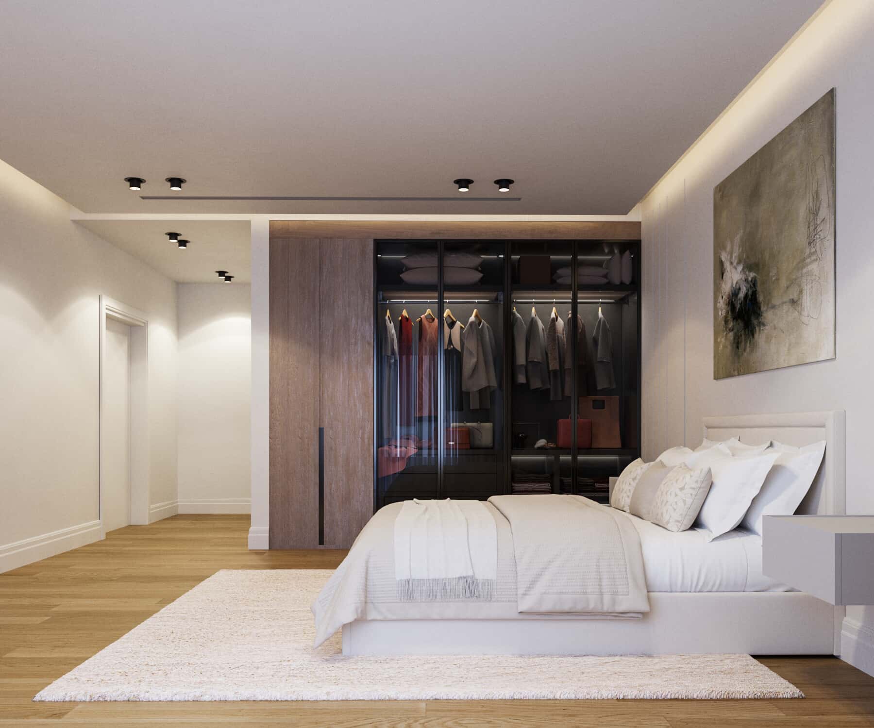 a bedroom with a large bed and a closet