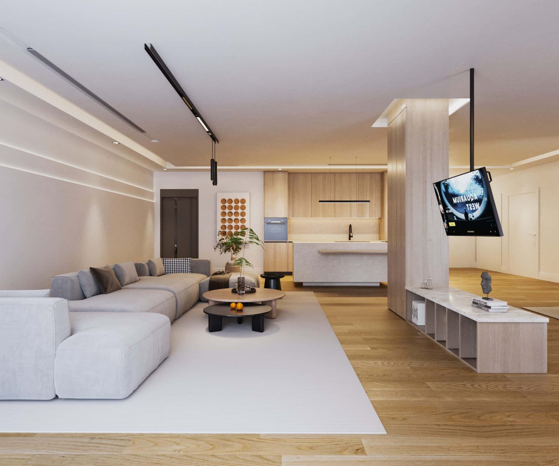 a living room with a large couch and a tv