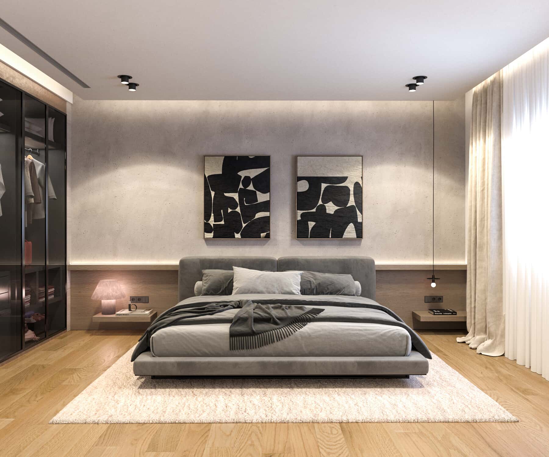 a bedroom with a bed and a painting on the wall