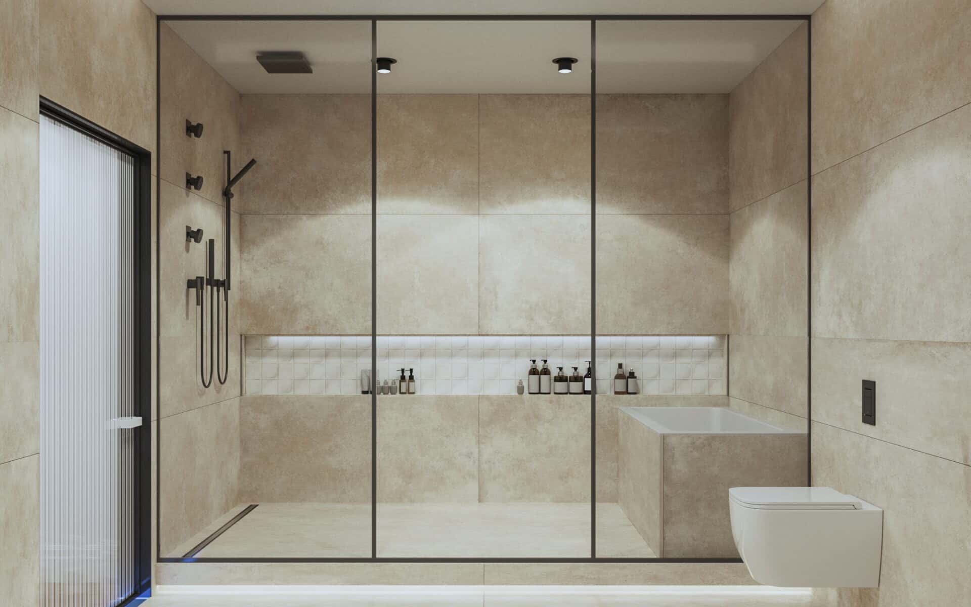 a bathroom with a tub and shower