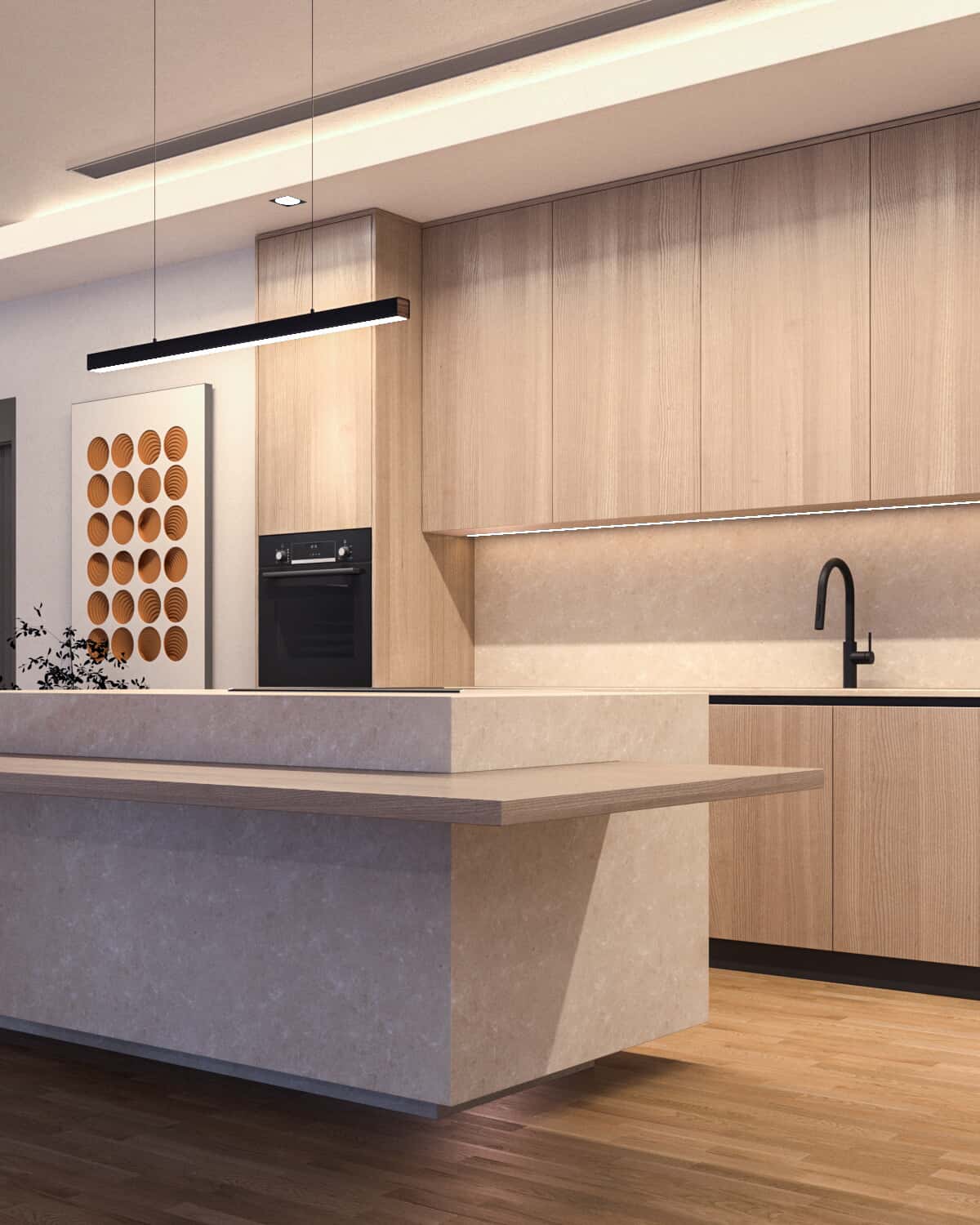 a kitchen with a counter top and wood cabinets
