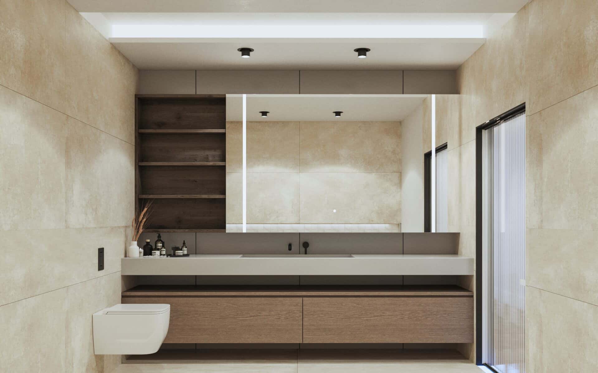 a bathroom with a large mirror and a sink