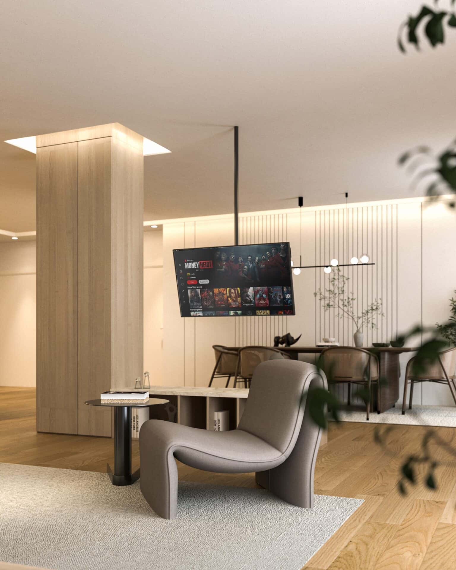 a living room with a tv and a table