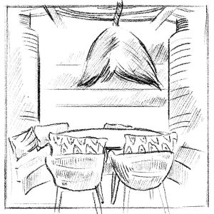 a drawing of a table and chairs