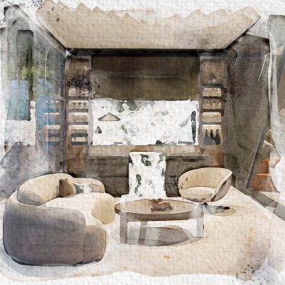 a watercolor of a living room