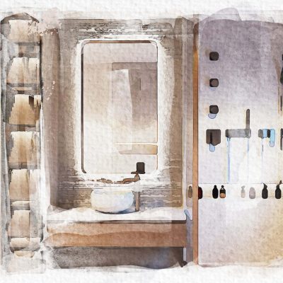 a bathroom with a sink and mirror