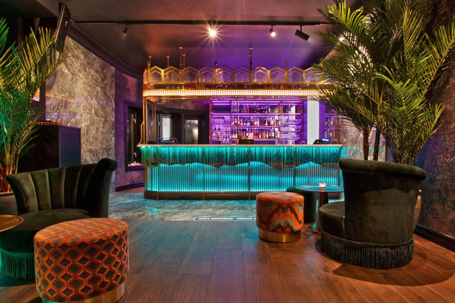 a bar with a bar and a palm tree